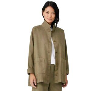 Eileen Fisher Organic Hemp Stand Collar Jacket Womens XS Olive Green Button Down